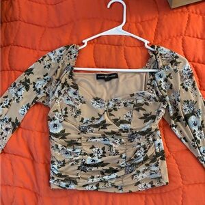 Almost Famous Tan Floral Ruched Square-Neck Crop Top